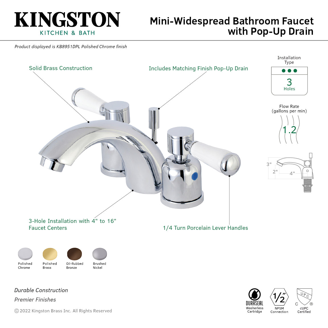 Kingston Tulare KB8955DPL - Paris Two-Handle 3-Hole Deck Mount Mini-Widespread Bathroom Faucet with Pop-Up Drain, Oil Rubbed Bronze — thumbnail 3